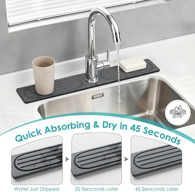 4Pcs Stone Faucet Mat for Kitchen Sink, Diatomite Quick Dry Water Absorbing Stone Tray & Sink Protector Splash Guard for Bathroom Counter, Black, 23.46" x 3.86"