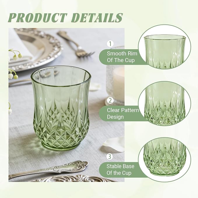 40 Pack Plastic Stemless Wine Glasses,12oz Unbreakable Vintage Elegant Drinking Glass Set,Reusable Fancy Cocktail Cups for Party, Wedding, and Bulk Events (40, 12oz-Sage Green)