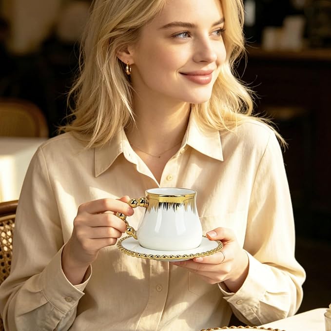 Espresso Cups Set of 4, 8 oz Ceramic Coffee Cup and Saucer Set with Spoons, Gold Trim Coffee Cup Mugs for Latte, Mocha, Tea, Au Lait, Flat White, Dishwasher & Microwave Safe
