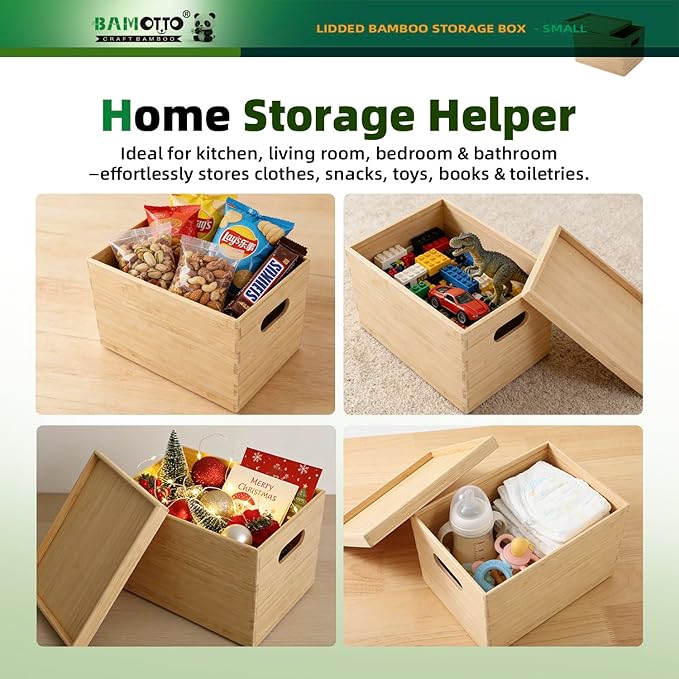 BAMOTTO CRAFTBAMBOO 10.2”x7.3”x6.5” Lidded Storage Bins - Stackable Bamboo Box/Cube/Basket with Handles for Home Kitchen Office, Organize Tableware Clothing Toys Books