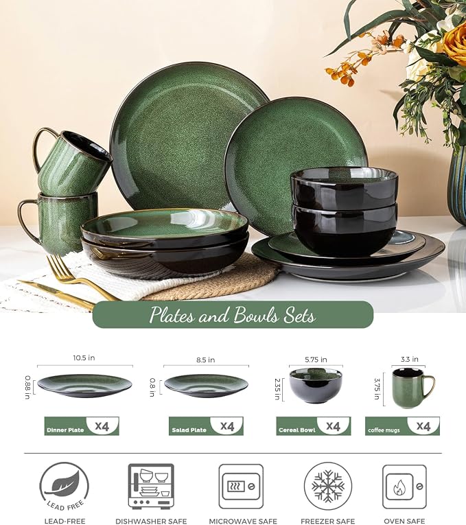 LERATIO Ceramic Dinnerware Sets for 4,16-Piece Reactive Glaze Plates and Bowls Set with Mugs,Highly Chip and Crack Resistant | Dishwasher,Microwave & Oven Safe Dishes set-Green