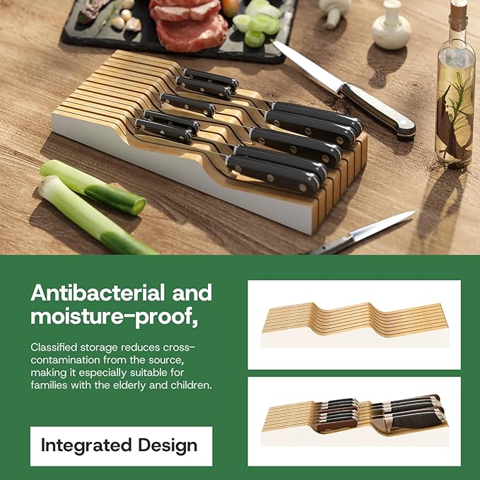 Large Knife Drawer Organizer Insert, Bamboo Wood Knife Holder, Knife Block Hold up To 15 Knives