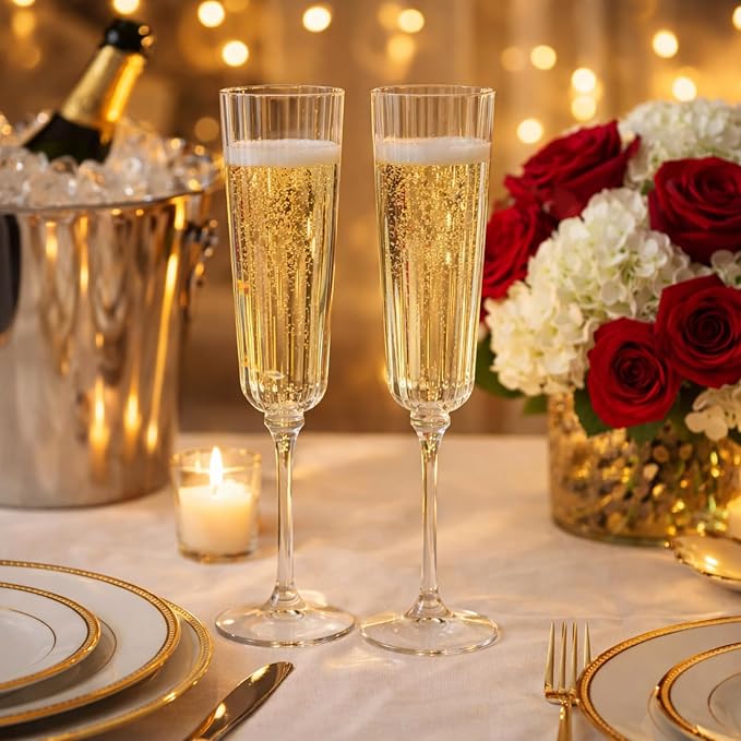 Jingmore 24 Pcs Plastic Ribbed Champagne Flutes With Stem, 6.4 oz Clear Vintage Disposable Champagne Glasses for Wedding Birthday Anniversary (Clear)