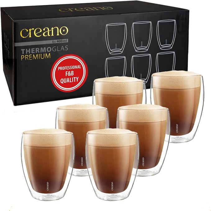 Creano Premium Double-Walled Drinking Glasses 12.5oz / 400 ml - Set of 6 - Professional Quality - 100% Dishwasher Safe | 100% dishwasher safe thanks to GastroSeal seal therefore catering quality - double wall glass