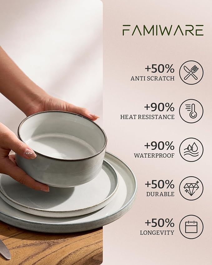 Famiware Annecy Plates and Bowls Sets, Service for 4 (16 Pieces), Dinnerware Sets with Pasta Bowls, Microwave and Dishwasher Safe Dishes Set, Chip and Scratch Resistant, Grey White