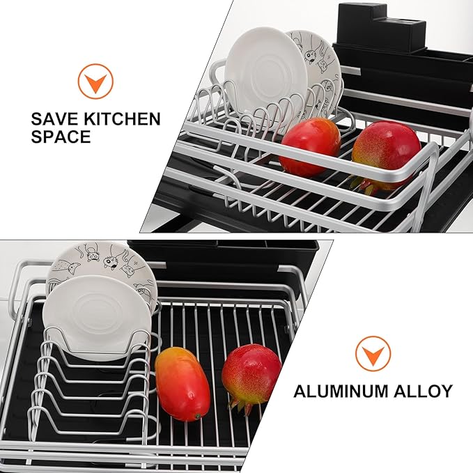 Garneck Multi-Function Aluminum Alloy Dish Draining Rack with Silver Frame and Black Base, Kitchen Storage Shelf for Dish Organization and Drying, Sink-Compatible Kitchen Organizer