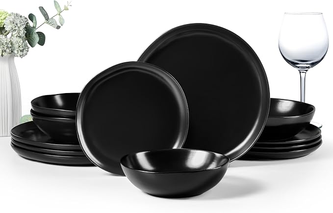 HaWare 12-Piece Stoneware Dinnerware Set for 4, Matte Black | Stoneware, Irregular Round, Scratch Resistant, Microwave &Dishwasher Safe