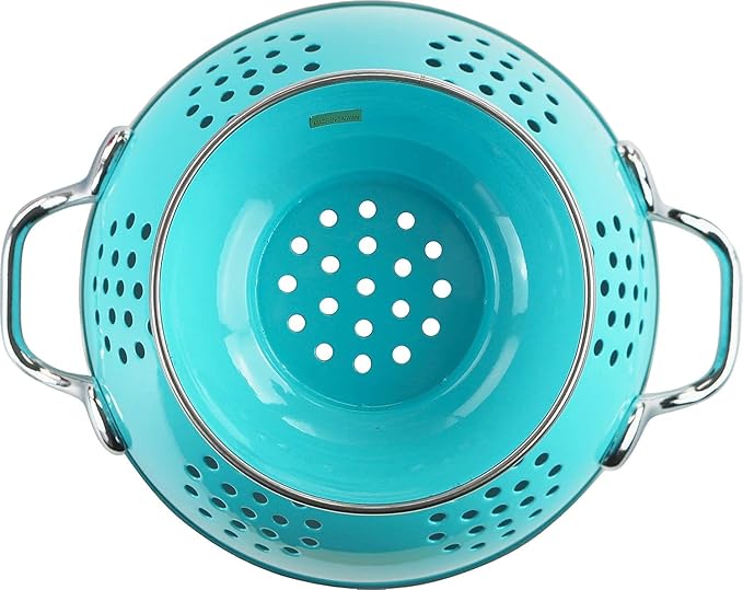 Reston Lloyd Calypso Basics Extra Large Enameled Colander with Solid Base, Strainer Basket with Handles, for Pasta, Berries, Vegetables, Fruit, 7 Quart, Turquoise ( 224oz/ 6.6 L)
