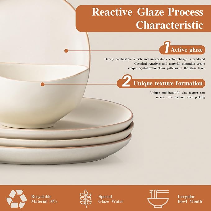 Dafuceramic Stoneware Dinnerware Set for 4, 12 Piece Plates and Bowls Set with Glazed Rim,Chip & Scratch Resistant Plates Sets, Dishwasher Microwave Safe Dishes (Light Beige)