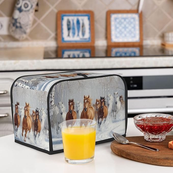 2 Slice Toaster Cover for Kitchen Horses Snow Winter Waterproof and Dustproof Oxford Fabric Toaster Dust Cover with Side Pockets Decorative Universal Cover for Wide Slot Toasters and Small Appliances