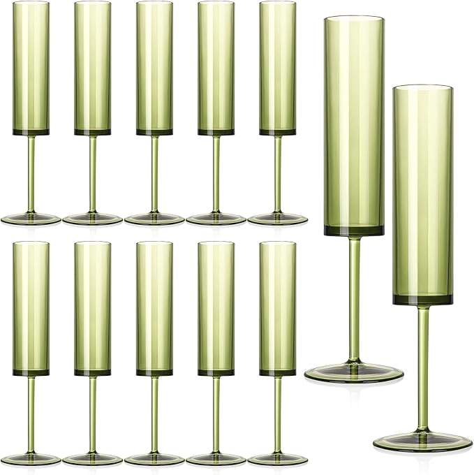 12 PCS Green Champagne Flutes Plastic 5.4OZ Clear Acrylic Champagne Glasses Long Stem Champagne Flutes Sparkling Wine Glasses Sage Green Champagne Glasses FOR Wedding Cocktail Cups Cava Prosecco