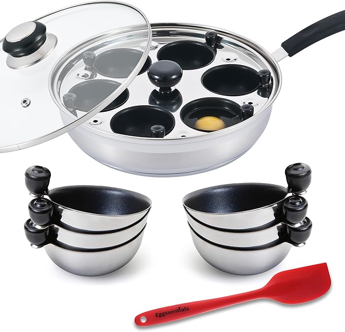 Eggssentials Poached Egg Maker Stainless Steel Egg Poacher Pan Food Grade Safe PFOA Free with Spatula