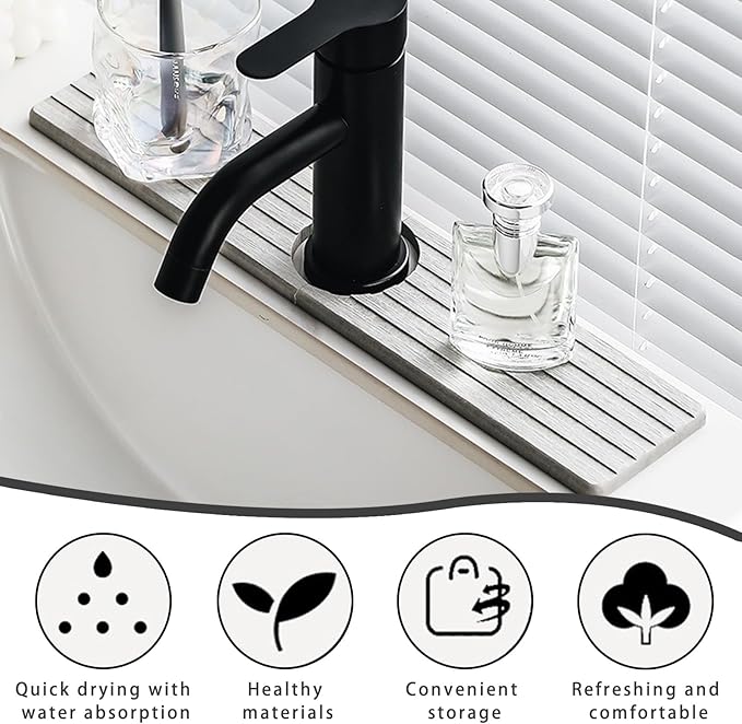 Kitchen Sink Splash Guard - Diatomite Kitchen Faucet Absorbent Mat,Faucet Mat for Kitchen Sink,Super Absorbent,Prevents Moisture Buildup-Diatomaceous Fast Drying Stone Sink Tray(Gray, 15.7" X 3.9")