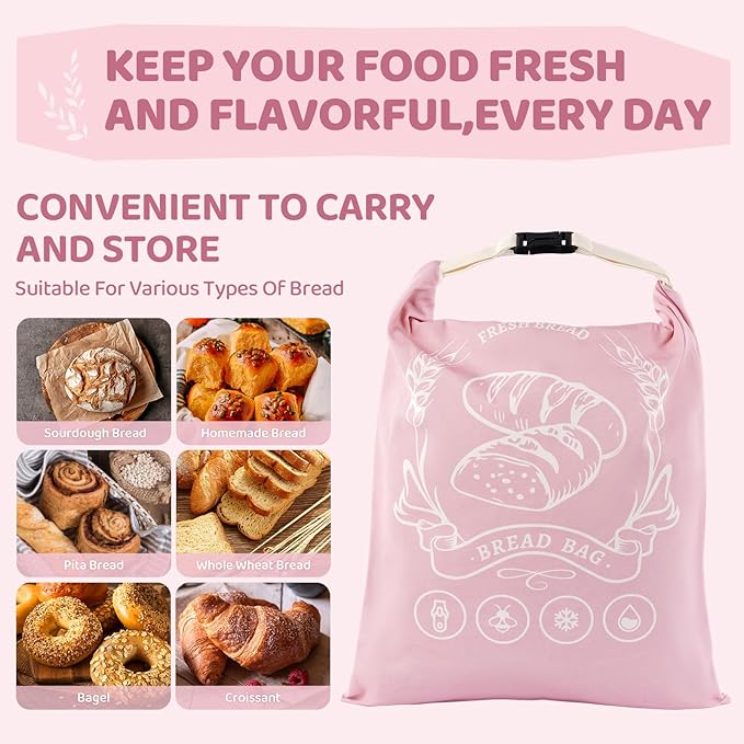2 Pack Beeswax Bread Bags with Zipper, XL(13x17in) Sourdough Bread Storage for Homemade, Freezer Storage Bag to Keep Fresh, Cotton Beeswax Container, Baguette Bag with Liner, Kitchen Baking (Pink)