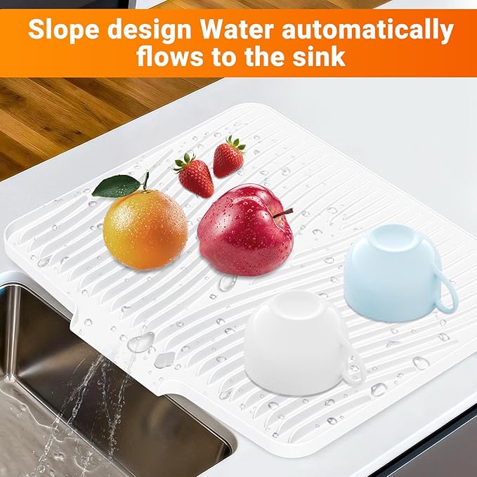 Silicone Dish Drying Mat for Kitchen Counter, Dish Drying Pad, Non-Slip Drain Pad with Built-in Drain, Heat Resistant Stone Drying Mat