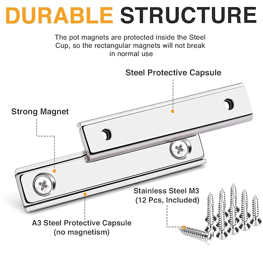 TRYMAG Neodymium Rectangular Magnets 80Lbs, 60 x 13.5 x 5mm Strong Bar Magnets with Countersunk Hole and Steel Capsule, Heavy Duty Industrial Rare Earth Magnets with Screw for Wall Mounting, Pack of 6