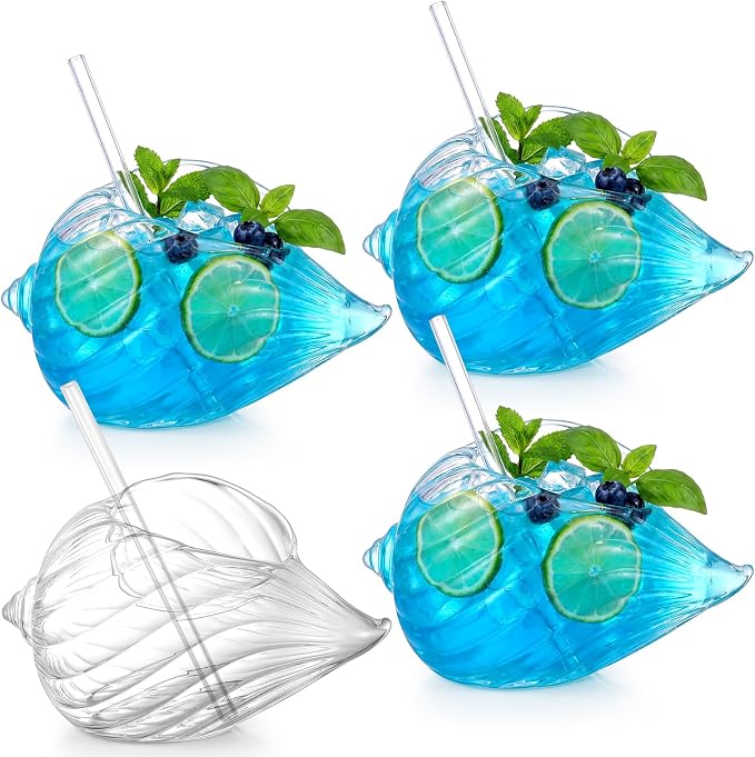 4 Set Seashell Tiki Glasses, 11.8 oz Seashell Cocktail Glasses with Straws Clear Funny Whiskey Drinks Tumbler Unique Wine Mugs for Ocean Themed Bars Beach Party Wedding Home Decor
