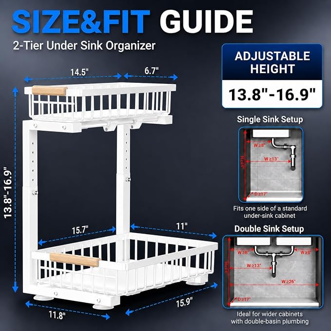 𝐆ee𝐁om Under Sink Organizer, Pull Out Kitchen Storage Cabinet Organizer, 2-Tier Metal Slide Out Shelf for Bathroom Laundry Kitchen Storage with Drawers, 11.8"W x 15.9"D x 13.8-16.9"H, White, 2 Pack