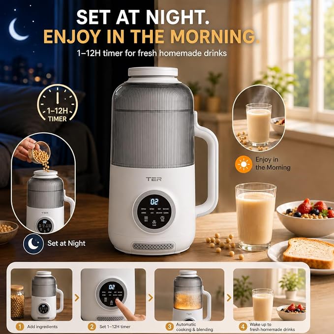 TER 40oz Nut Milk Maker Machine, 10-in-1 Automatic Soy Milk Maker for Almond, Oat & Plant-Based Milk, Self-Cleaning Milk Maker with 12H Delay Start, Keep Warm, Boil Water, Soup & Juice Upgraded