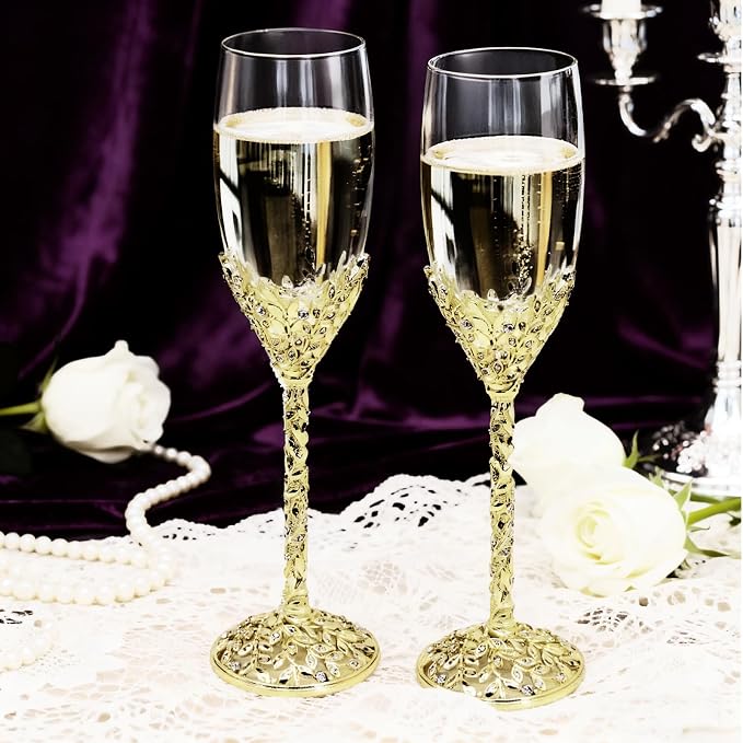 Gold Champagne Flutes -His and Hers,Wedding Toasting Glasses for Wedding,Engagement Celebrations, Bridal Shower and Registry Idea,Wine Glasses for Bride and Groom Gifts,7oz (Light Glod)
