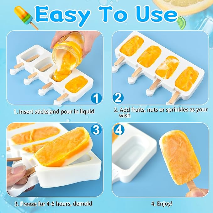8 Set Silicone Popsicle Molds 4 Cavities Ice Cream Oval Cake Molds with 400 Sticks, Reusable Ice Pop & Cakesicle Mould for Kids, DIY Frozen Treats, Summer Snacks, Parties Favors, Easy Release (White)