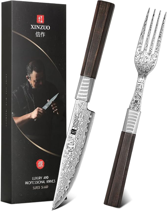 XINZUO Damascus Steel Non Serrated Steak Knife And Fork Set Of 2,67-Layer Damascus Steel Table Fork And Knife With Ebony Handle,Includes 5 Inch Steak Knife And Fork