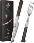 XINZUO Damascus Steel Non Serrated Steak Knife And Fork Set Of 2,67-Layer Damascus Steel Table Fork And Knife With Ebony Handle,Includes 5 Inch Steak Knife And Fork