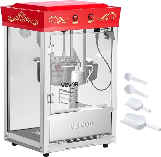 VEVOR Popcorn Machine, 8oz Stainless Steel Kettle, 800W Commercial Countertop Popcorn Maker, 48 Cups per Batch Theater Style Popper, with 2-Button Control Glass Wall PC Door 1 Scoop 3 Spoons, Red