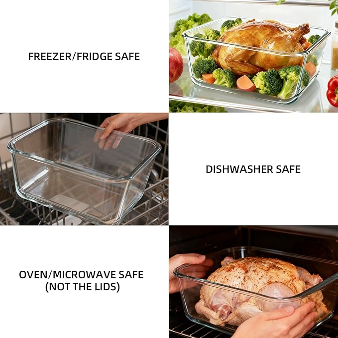 Extra Large Glass Storage Containers with Lids 220oz/6500ml/28cup | Silicone Mat Included | Borosilicate Glass | Airtight | Freezer Oven Dishwasher Safe | Rotisserie Chicken | XL Big Food Bowl