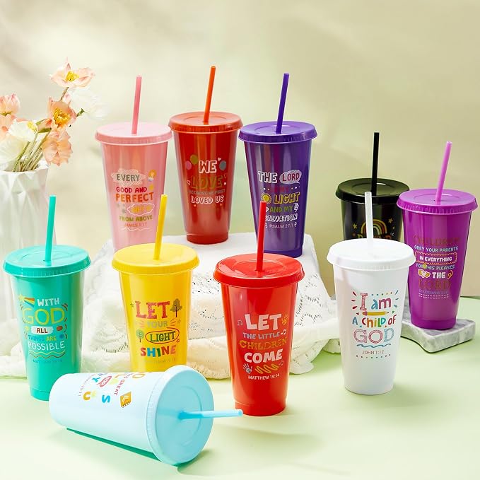 Uiifan 30 Pcs VBS Christian Cups for Kids Bulk, Reusable Plastic Tumblers with Lids and Straws, Bible Verse Cups for Sunday School, VBS, Church Events, Classroom Rewards, Kids Party (Multicolor)