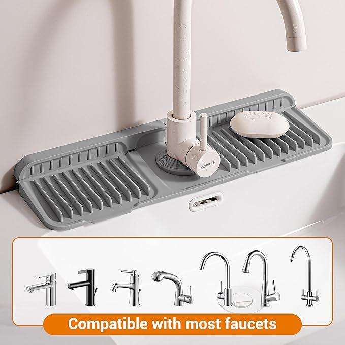 ZJWZLG Faucet Mat for Kitchen Sink, 17.7"X5.5" Silicone Sink Splash Guard with Soap Holder, Snap-On Design & 7°slope Fast Drain, Folding Sink Faucet Mat for Universal Kitchen Bathroom Sink（Grey）