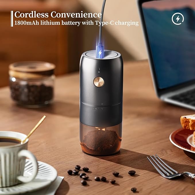 Portable Electric Burr Coffee Grinder by ELMWAY - Rechargeable Mini Coffee Grinder with Stainless Steel Burr & Internal Coarseness Adjustment, Compact for Travel & Home Use - Black