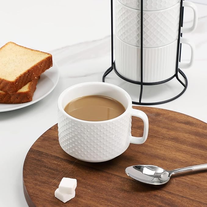 Buyajuju Porcelain Stackable Coffee Mugs Set of 4 with Metal Stand, 12 Ounce Stackable Different Embossment Coffee Cup holder for Coffee, Tea, Cocoa, Drinks, White