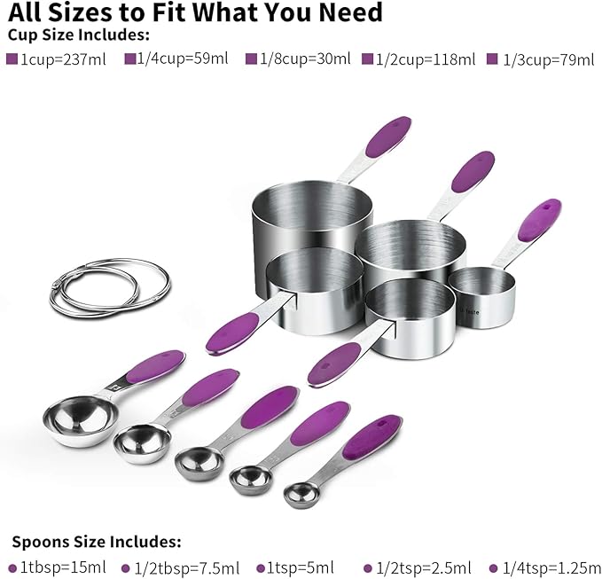 U-Taste 10 Piece Measuring Cups and Spoons Set in 18/8 Stainless Steel, and 18/8 Stainless Steel 5.5 inch 30 Mesh Strainer (Purple)