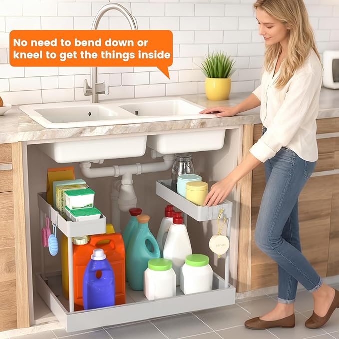 Expandable Under Sink Organizers and Storage,Width Adjustable (14.9-23.6IN),No Drill 2-Tier Pull Out Under Cabinet Organizer for Kitchen Bathroom Laundry White