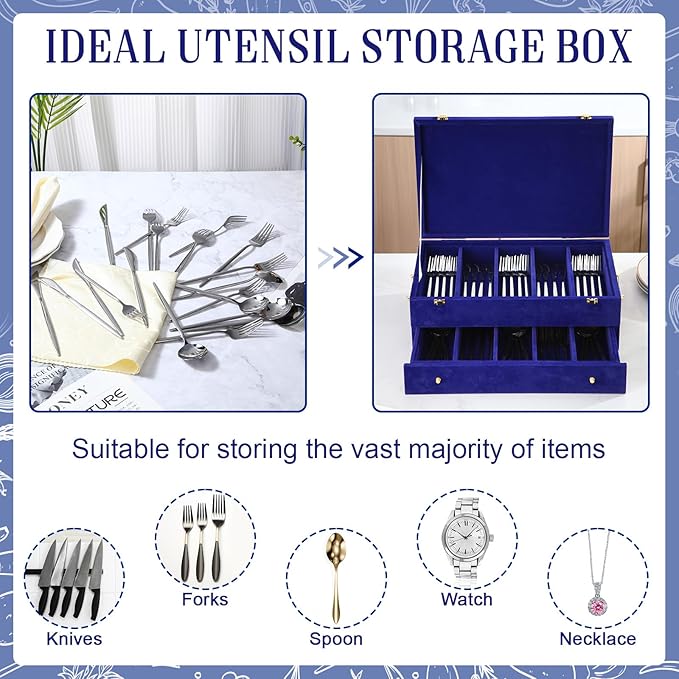 Pickmesh Silverware Case with Lid and Handle, Silverware Storage Box Sterling Silver Flatware Chest Without Silver Tarnish Proof Utensils Organizer for Kitchen Decor Wedding Gifts (Royal Blue,2 Layer)