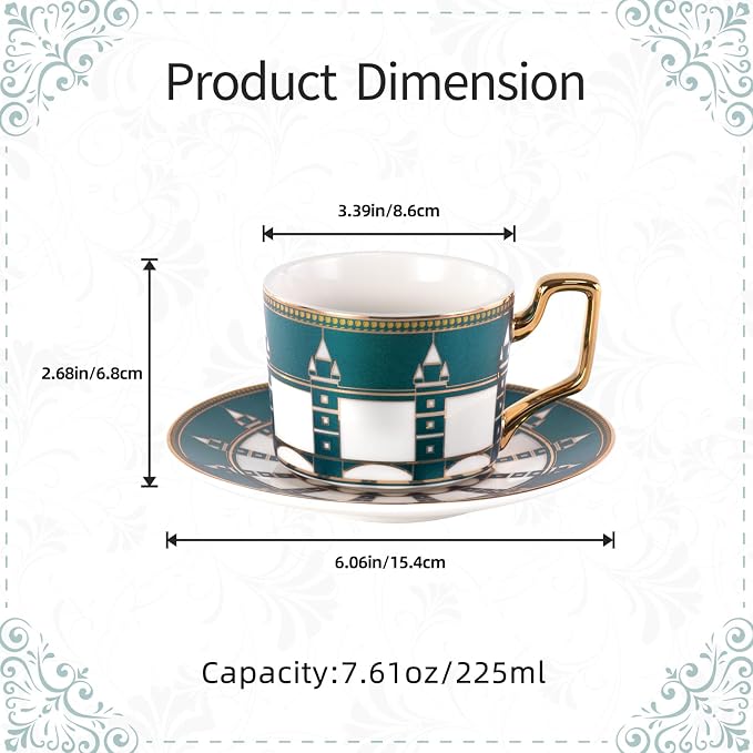 KAMMAK Tea Cups and Saucers Set of 2, Porcelain Coffee Cups, Stackable Espresso Mugs, Ceramic Demitasse for Coffee, Latte, Americano, Tea, Pink + London