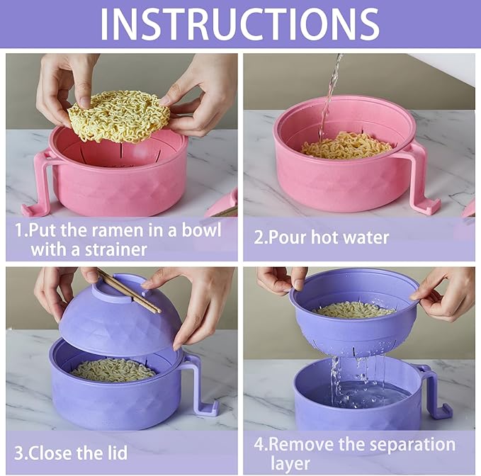 2 Sets Microwave Ramen Bowl 40 oz Wheat Fiber Portable Instant Noodle Cooker Bowl with Handles Strainer Spoon Chopstick Fork College Dorm Room Apartment Essentials(Pink, Purple)