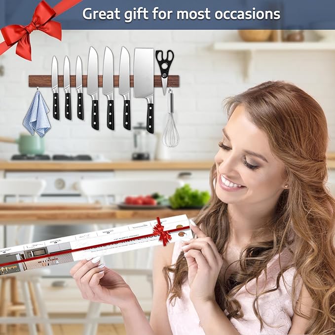 Dmore magnetic knife holder for wall—with 2 hooks, No Drilling 20 Inch walnut knife magnetic strip, Powerful knife magnet rack, include Adhesive Tape and screws for Knives, Utensils, and Tools