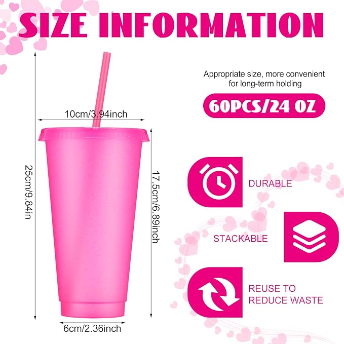 Honeydak 60 Pack Tumbler with Straw and Lid Bulk Glitter Plastic Cups Water Bottle Iced Coffee Travel Mug Reusable Party Favor Cups for Birthdays travel 24-27 oz (Hot Pink)