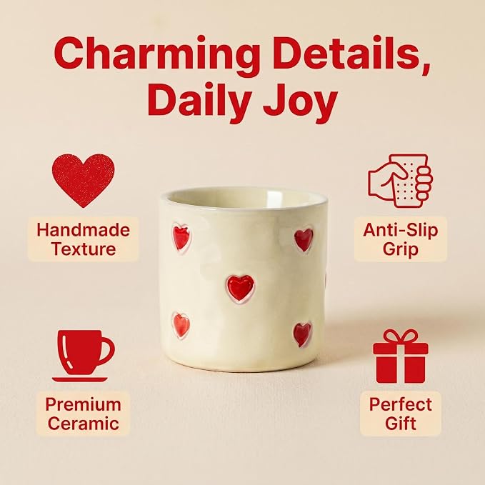 Espresso Cups Set of 4-5oz Ceramic Demitasse Cups with Red Heart Dots, Textured Non-Slip Surface for Grip, Small Coffee Mugs for Espresso, Latte, Cappuccino Home Barista, Dishwasher Safe