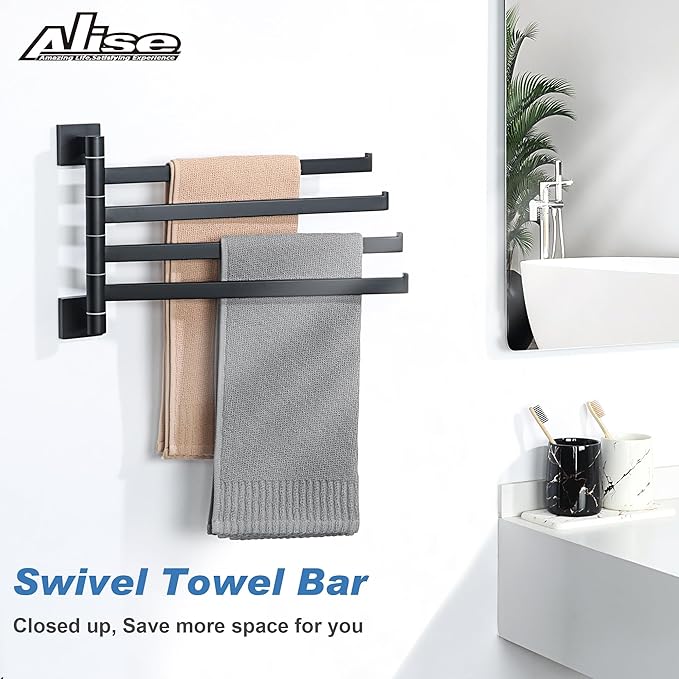 Alise Swivel Towel Rack, 4-Arm Towel Bar, Space Saving Towel Rack Wall Mount Drying Towel Holder, Swing Out Towel Holder for Bathroom Kitchen Toilet, Square SUS304 Stainless Steel, Matte Black