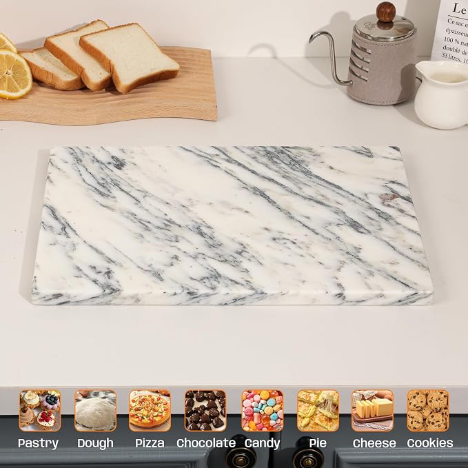 White Marble Cutting Board 12x16 Inch, Marble Board for Cheese Charcuterie | Marble Pastry Board Baking Essential Naturally Cool&Nonstick Perfect for Dough Heat Resistant Scratch Resistant Non-Slip Feet