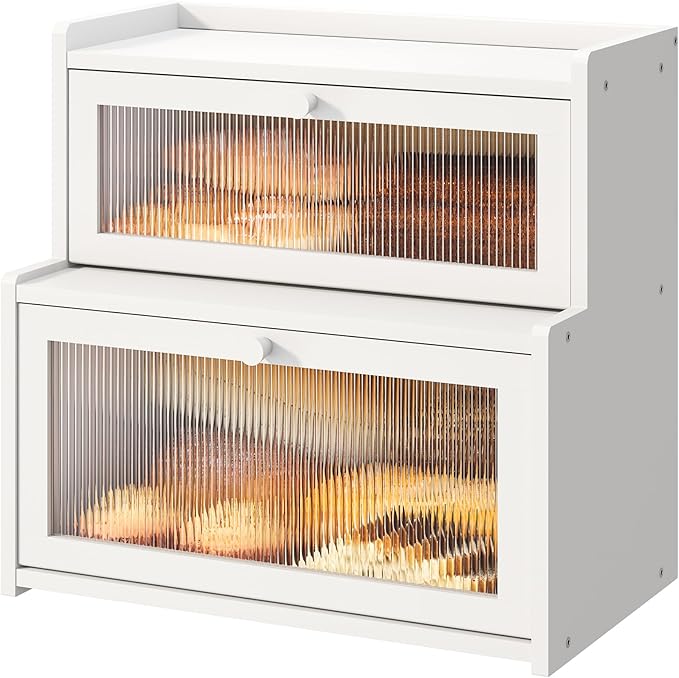 Bread Box for Kitchen Countertop Double Layer Large Corner Bread Box Capacity Bread Storage Bin Farmhouse Breadbox Container Organizer Cabinet Cupboard (White)