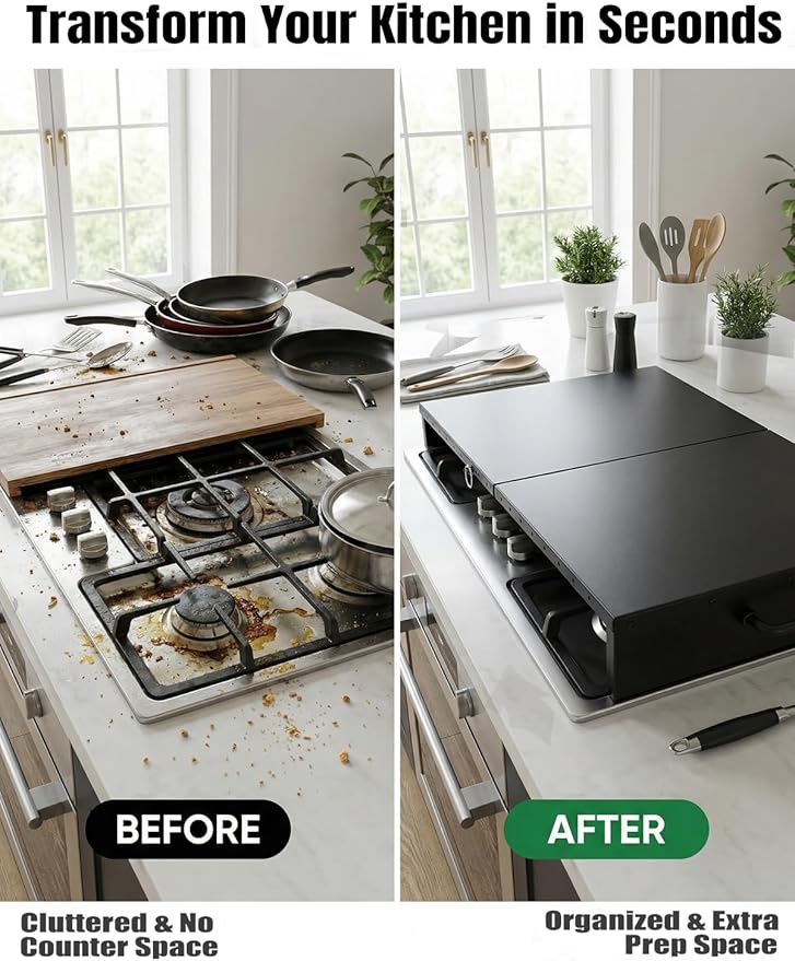 Expandable Gas Stove Top Cover for Gas Ranges & Kitchen Sinks, Heavy-Duty Steel Protector Fits RV, Camper & Small Kitchens, Instantly Add Counter Space(15.75" - 28.74"L x 11.81"W x 3.15"H)