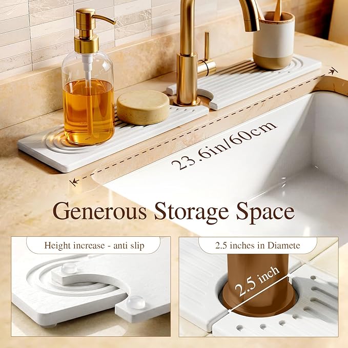 2 Pack Stone Faucet Mat for Kitchen Sink, Absorbing Drying Stone Mat Prevent Moisture, Sink Splash Guard Water,Natural Diatomite Stone Tray for Bathroom Counter 23.6*3.9inch (White+White)