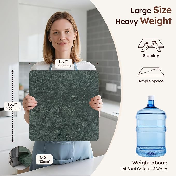 Diflart Marble Cutting Board for Kitchen, 16x16 Inch, Green, Non-Slip Feets | Natural Stone Slab Pastry Board for Baking, Cheese, Charcuterie, Dough, Chocolate, Pack of 1 Piece