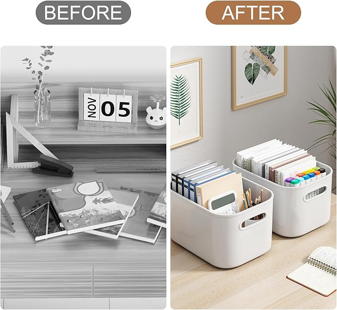 ORGIDOL 8 Pack White Storage Bins with Lids Stackable Storage Container for Organizing, Storage Boxes with Handle for Shelves, Cute Storage Bin for Craft, Snacks, 9.85x6.9x5.7 inch