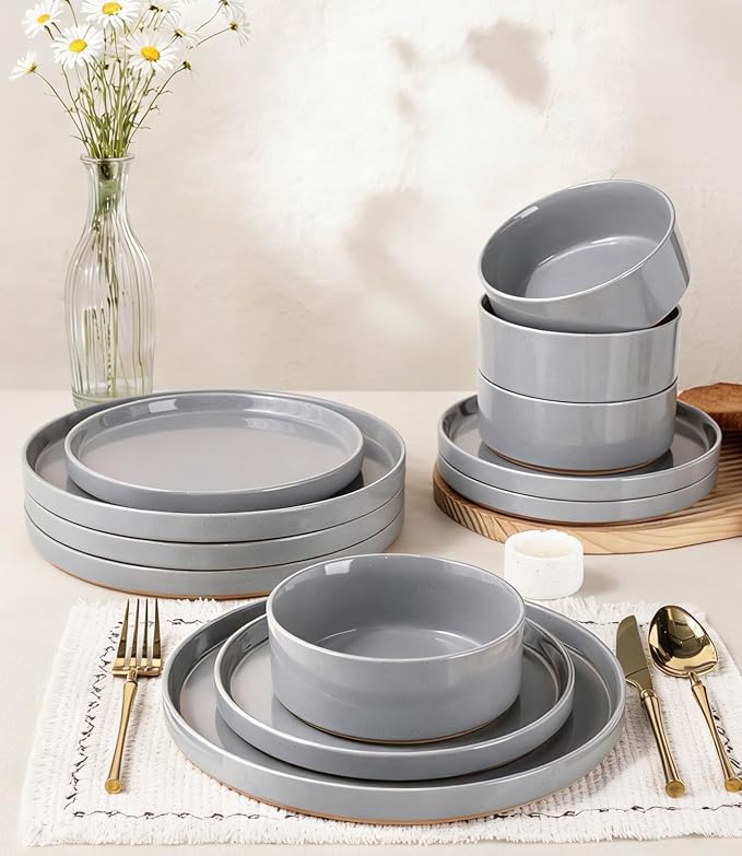 AmorArc Ceramic Dinnerware Set for 4 | Speckled Stoneware Plates and Bowls with unglazed terracotta | Scratch Resistant, Dishwasher & Microwave Safe Dishes Sets- 12-Pcs Gray