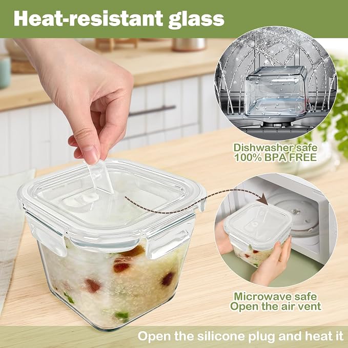 Borosilicate Glass Soup Containers with Lids, 4 Cup/32 oz, 6 Pack | Microwave Dishwasher Oven Freezer Safe | Airtight Leak Proof | Food Grade | Square Soup Meal Prep | Lunch | Food Storage Set